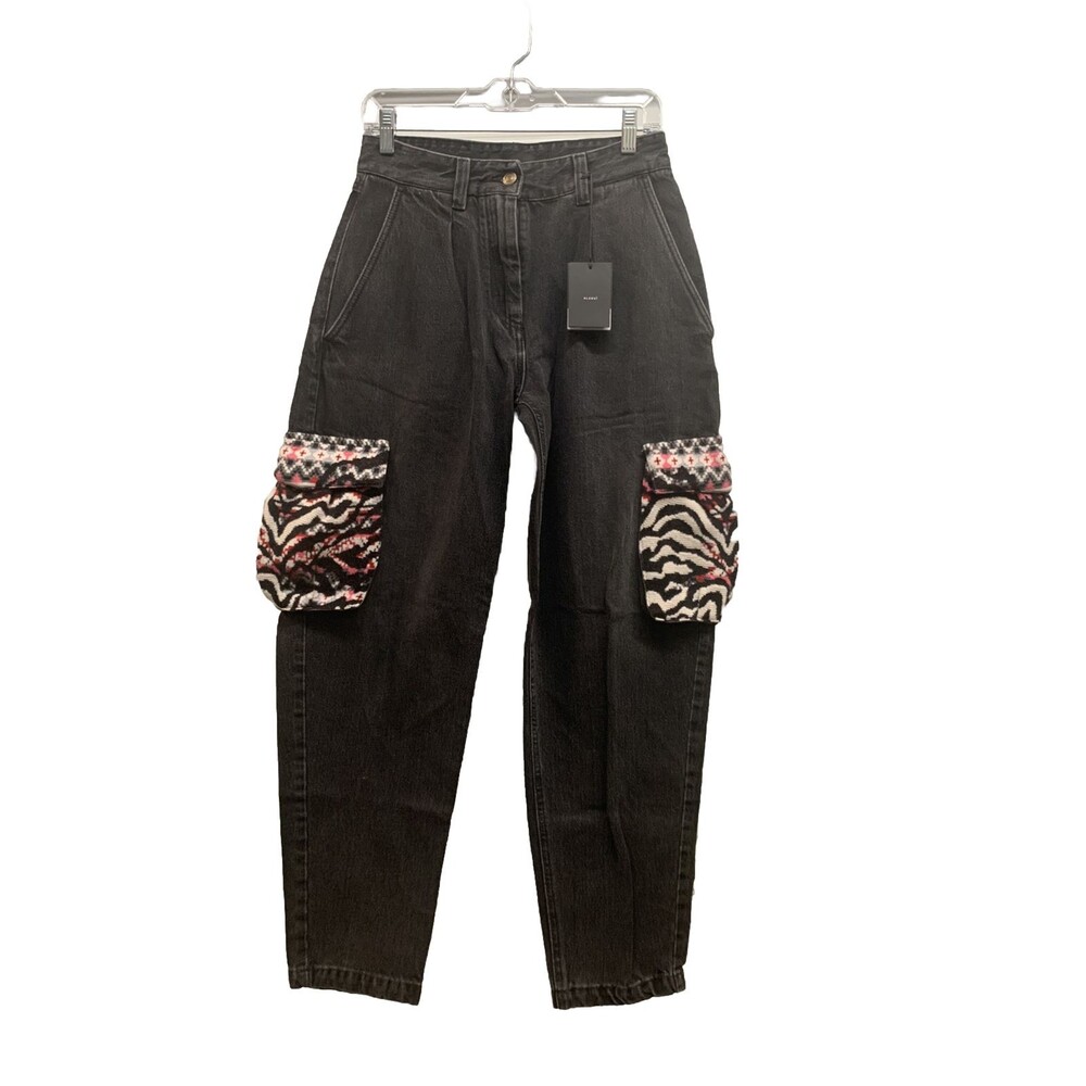 NWT Alanui Crochet Pockets Black Cargo Denim Gray Wash Jeans Size 26 x 30